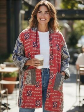 Kantha Cotton Long, Suzani Jacket M/L Boho Coastal cowgirl Reversible